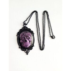 Purple Iridescent Sugar Skull Black Necklace Cameo Valentine’s Day gift gothic